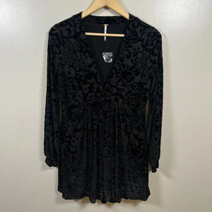 Free People Velvet Burnout Mini Dress Size XS Black Goth Whimsigoth Witchy Vneck